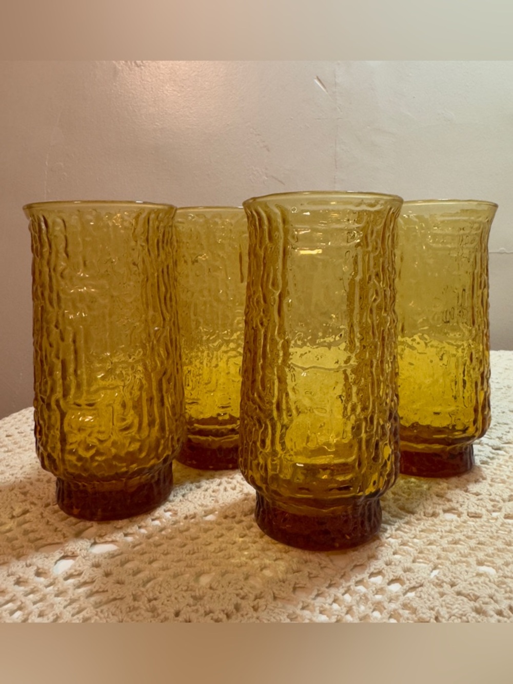 Set of 4 Vintage Libbey Amber Crinkle Glass Drinking Glasses Tumblers 1970s MCM